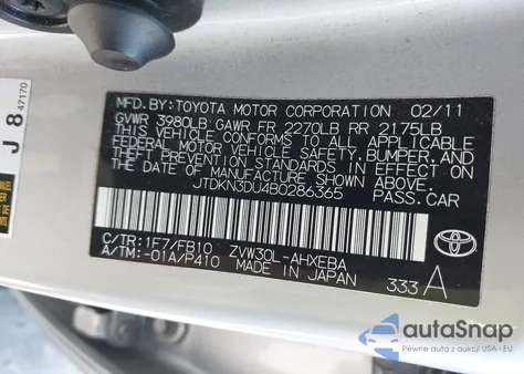 2011 Toyota Prius Two z USA, uszkodzony, nr VIN JTDKN3DU4B0286365